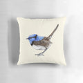 Cozy pillow featuring a charming illustration of a little blue wren, a beloved Australian native bird.