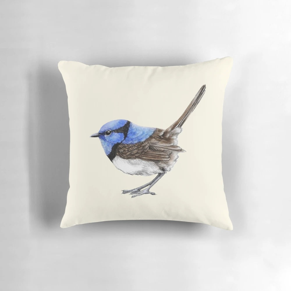 Cozy pillow featuring a charming illustration of a little blue wren, a beloved Australian native bird.