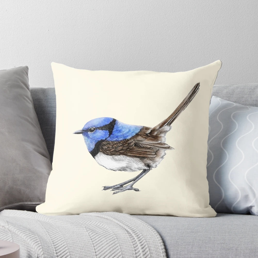 Cozy pillow featuring a charming illustration of a little blue wren, a beloved Australian native bird.