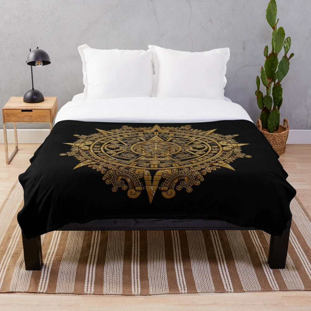 Aztec calendar inspired plush blanket with native design