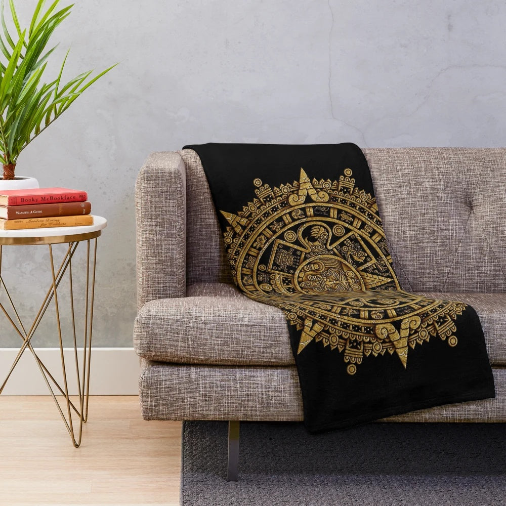 Aztec calendar inspired plush blanket with native design