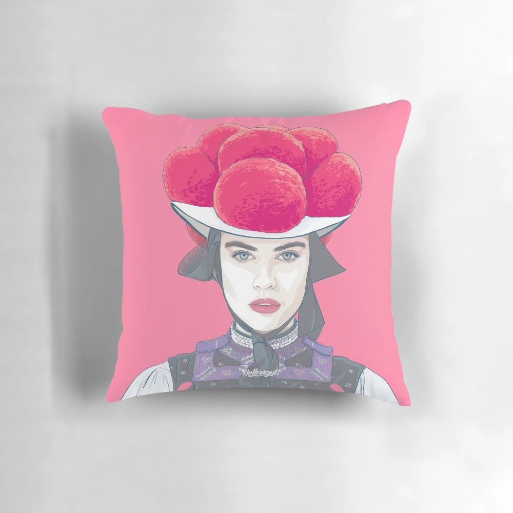 Black Forest girl wearing traditional Bollenhut cap pillow