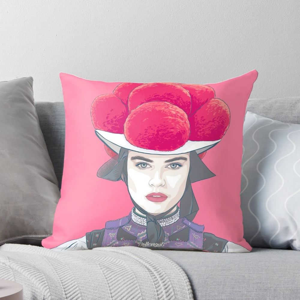 Black Forest girl wearing traditional Bollenhut cap pillow