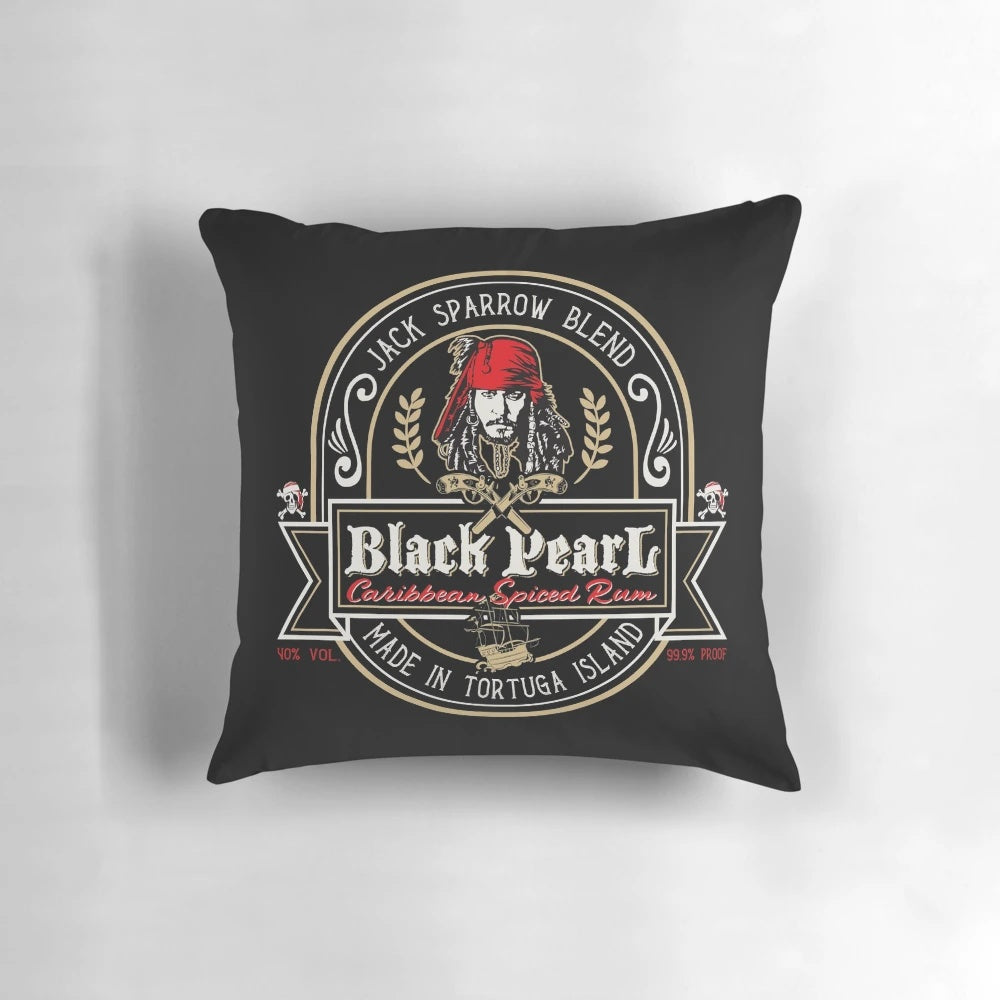 Black Pearl Rum Pillow featuring a pirate skull and Captain Jack Sparrow inspired design