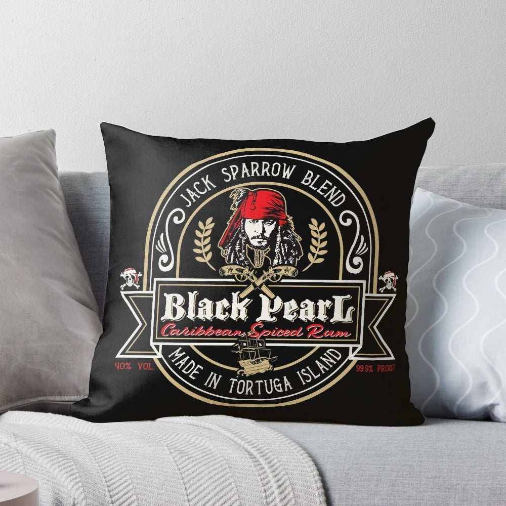 Black Pearl Rum Pillow featuring a pirate skull and Captain Jack Sparrow inspired design