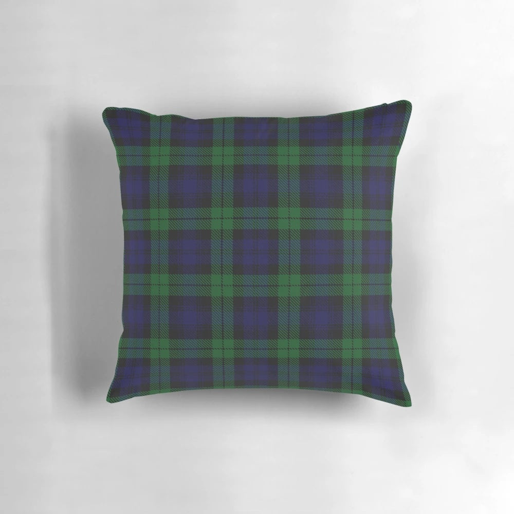 Vibrant black watch tartan plaid pillow with classic Scottish clan design