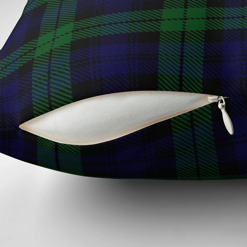 Vibrant black watch tartan plaid pillow with classic Scottish clan design