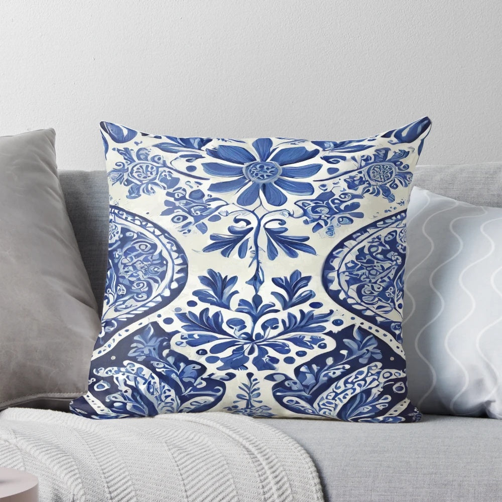 Blue and white delft tile pattern pillow with floral design, showcasing the traditional Dutch culture