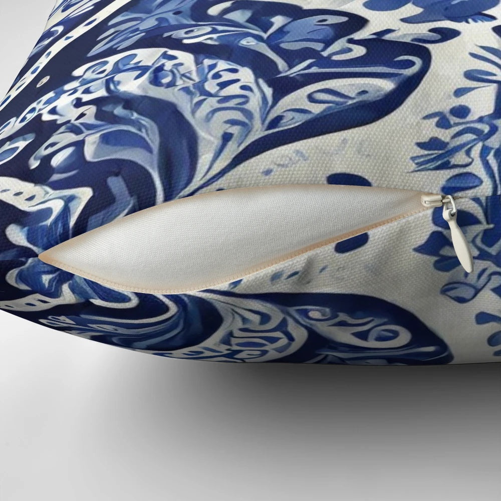 Blue and white delft tile pattern pillow with floral design, showcasing the traditional Dutch culture
