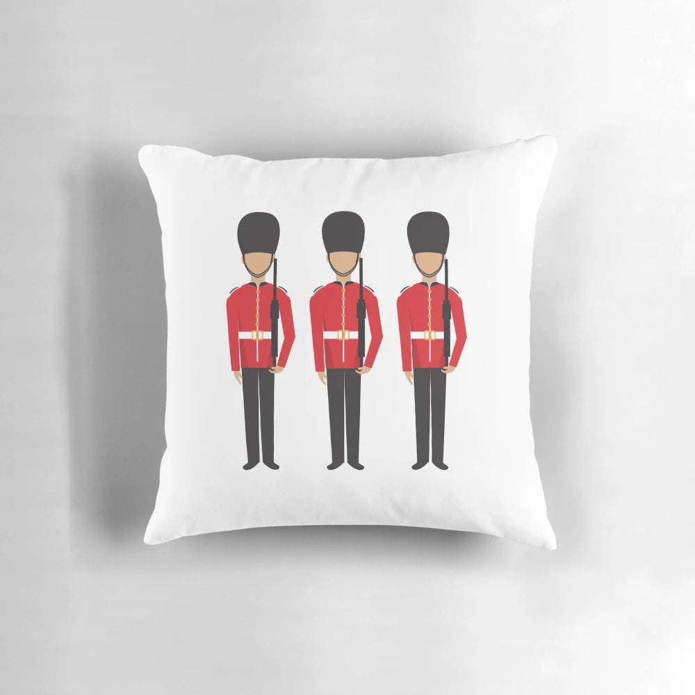 Pillow depicting the iconic bearskin hat and red uniform of the Queen's Guard and Coldstream Guards, symbols of British military tradition.