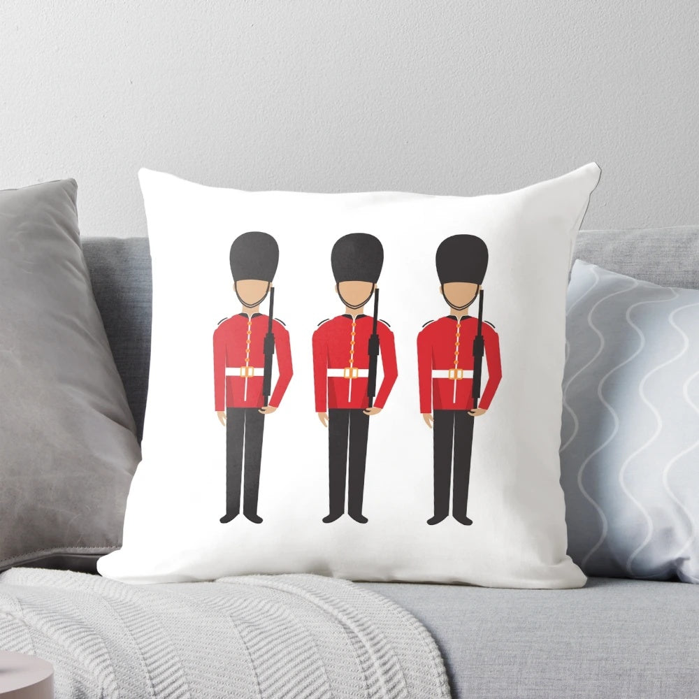Pillow depicting the iconic bearskin hat and red uniform of the Queen's Guard and Coldstream Guards, symbols of British military tradition.