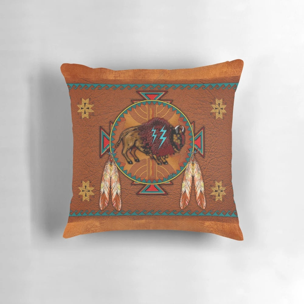 Handcrafted buffalo leather pillow adorned with southwestern-inspired design