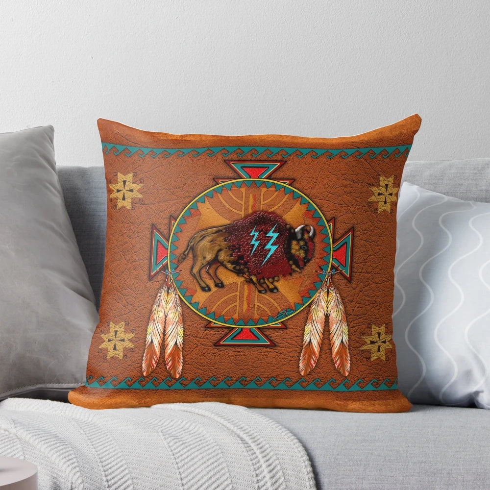 Handcrafted buffalo leather pillow adorned with southwestern-inspired design
