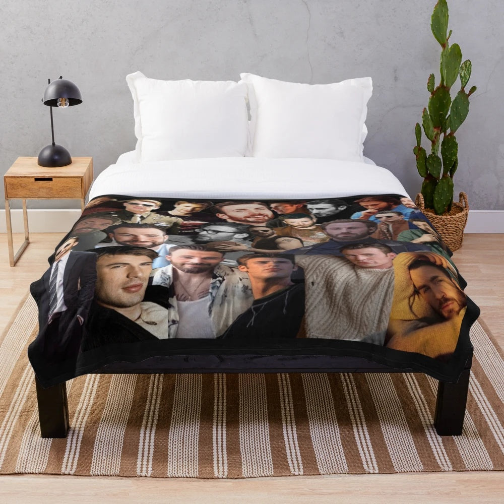 Plush blanket featuring a collage of actor Chris Evans from Knives Out and Ransom