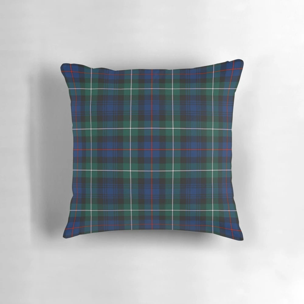 Clan Mackenzie tartan patterned throw pillow in forest green and blue