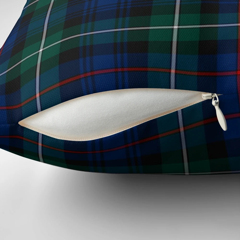 Clan Mackenzie tartan patterned throw pillow in forest green and blue