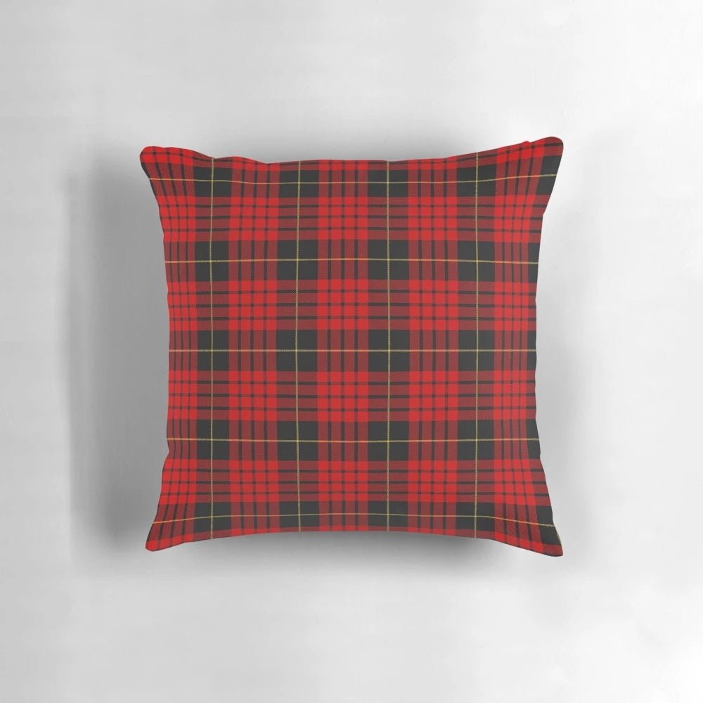 Clan MacQueen tartan pillow, featuring the traditional red and black plaid pattern of the MacQueen clan.