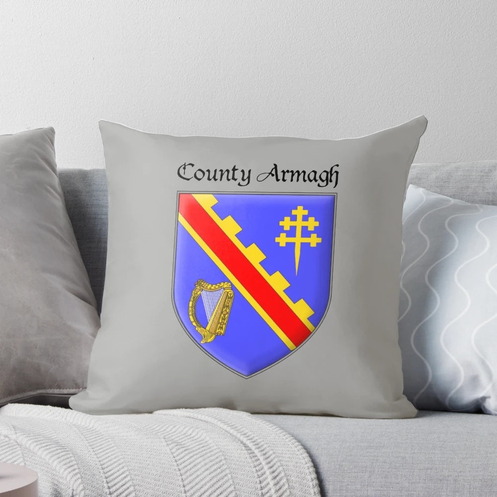 County Armagh Ancient Crest Throw Pillow, featuring the historic family crest of County Armagh, Ireland.