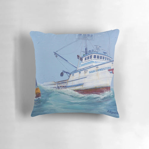 Pillow featuring the F/V Northwestern ship from the TV show "Deadliest Catch", with a seascape design and imagery related to Alaskan crab fishing.