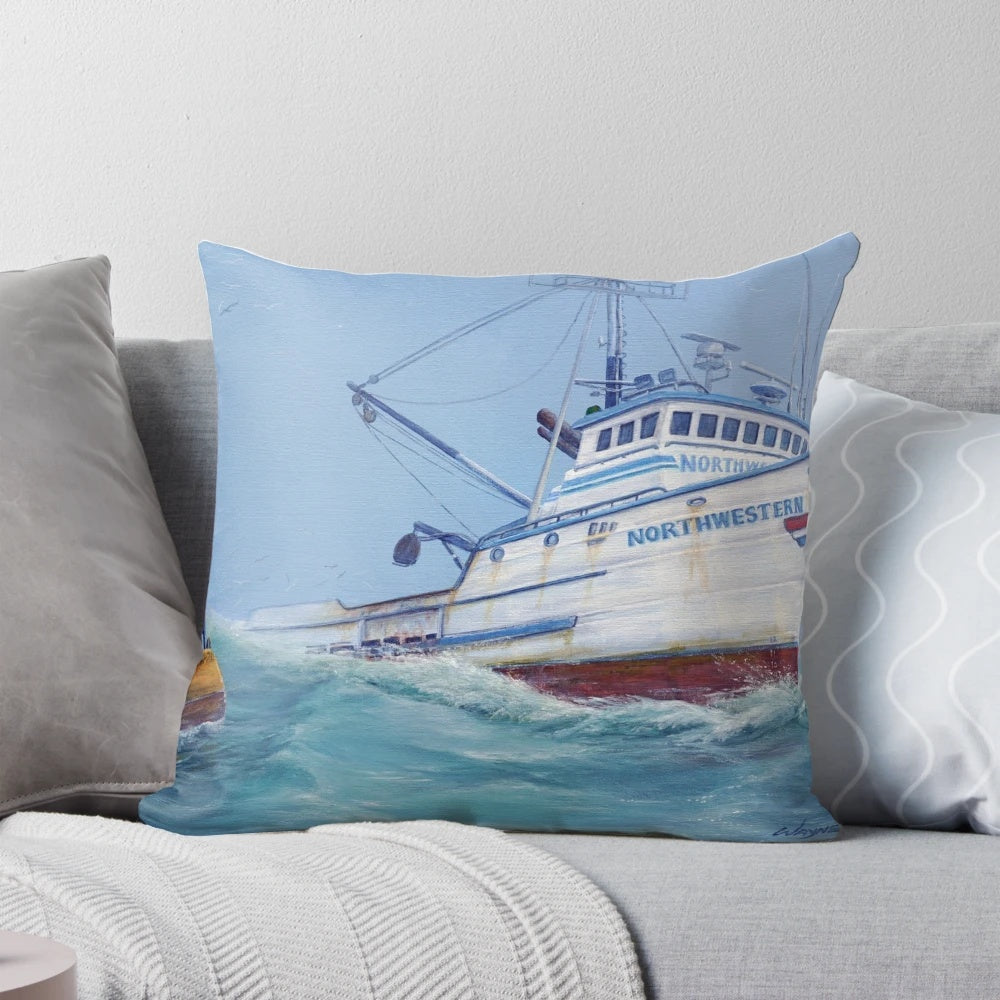 Pillow featuring the F/V Northwestern ship from the TV show "Deadliest Catch", with a seascape design and imagery related to Alaskan crab fishing.