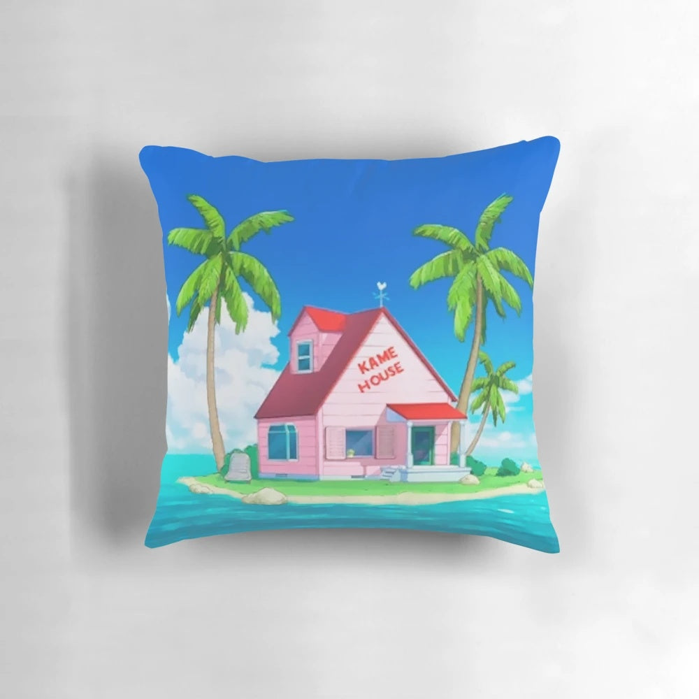 Soft, plush cushion pillow featuring the iconic Kame House from the beloved anime series Dragon Ball