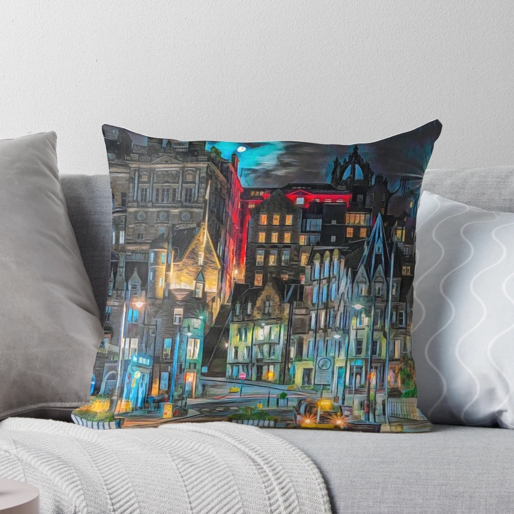 Vintage-inspired Edinburgh skyline and streets decorative throw pillow