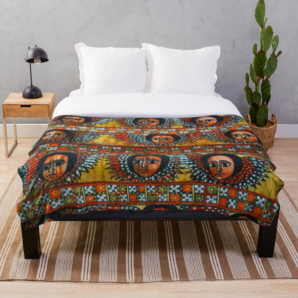 Vibrant multi-colored Ethiopian ሐበሻ plush blanket with traditional cultural designs