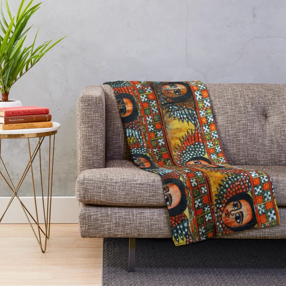 Vibrant multi-colored Ethiopian ሐበሻ plush blanket with traditional cultural designs
