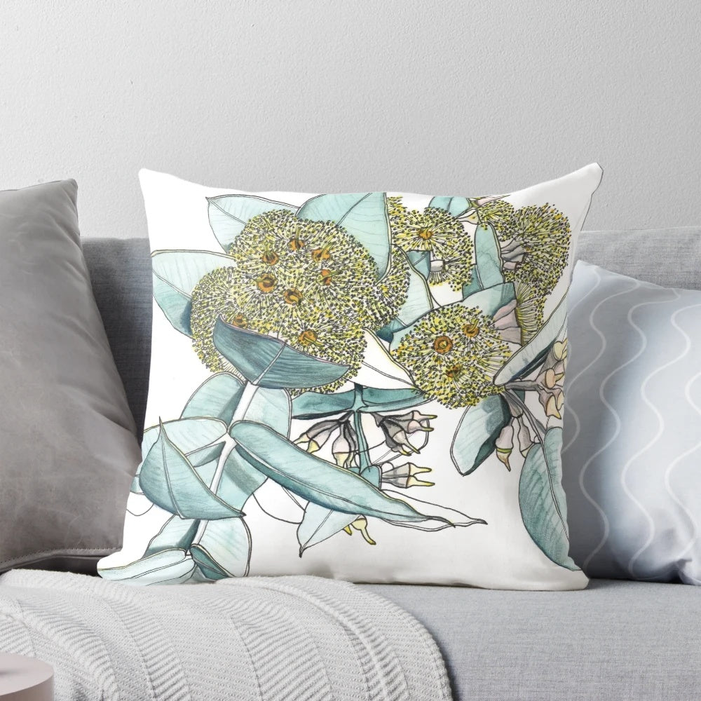 Decorative throw pillow featuring the vibrant yellow flowers of the native Australian eucalyptus mallee plant