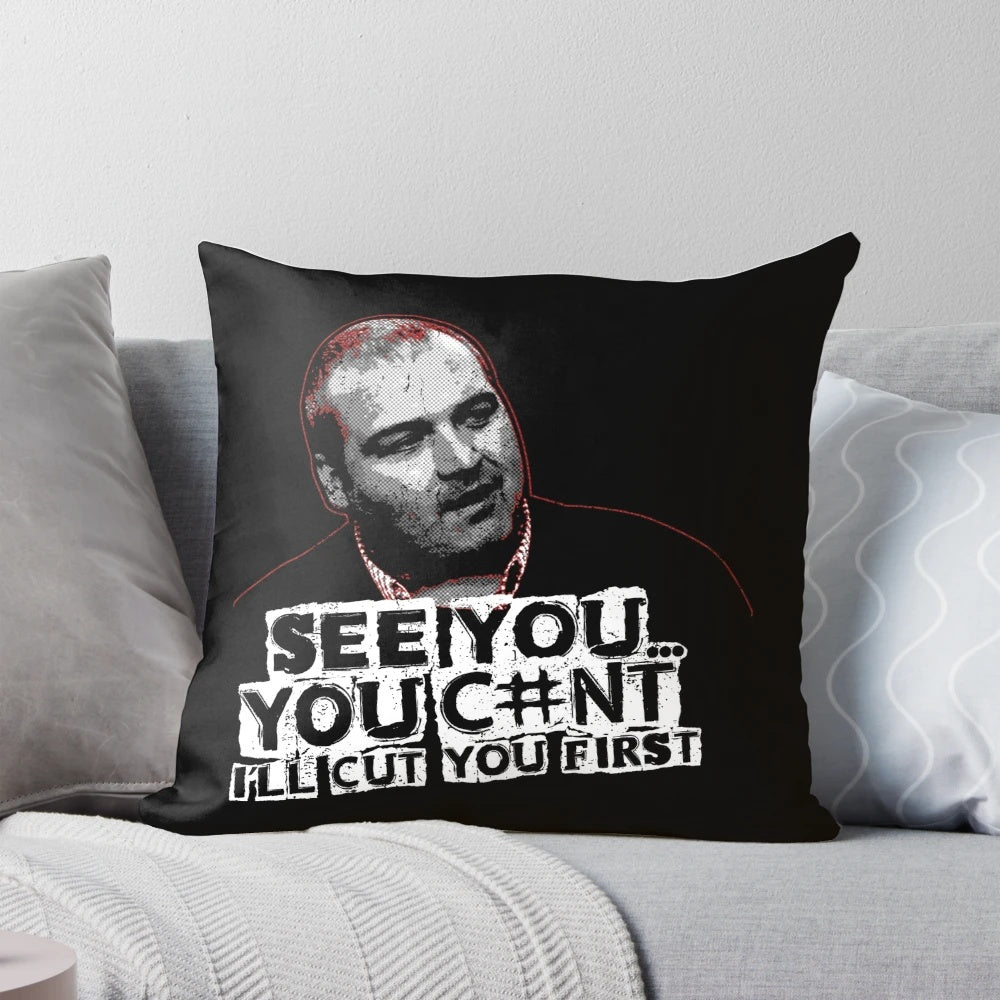 Football hooligan-inspired pillow with a gritty, industrial design