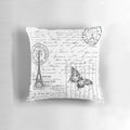 French-inspired throw pillow with Eiffel Tower, butterflies, and French script