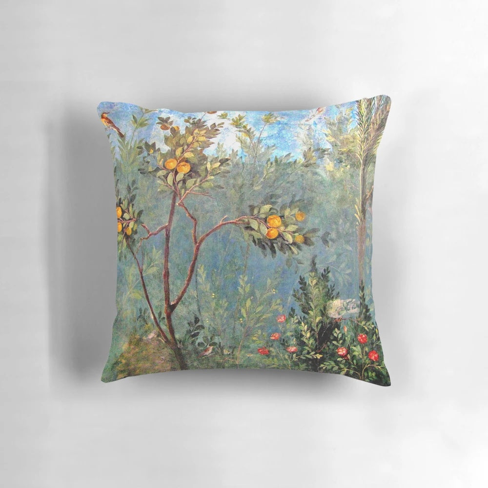 Decorative pillow featuring an ancient Roman fresco from the House of Livia in Prima Porta