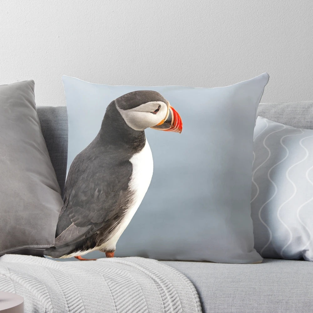 Decorative throw pillow featuring a stunning photograph of a puffin in its natural Icelandic habitat