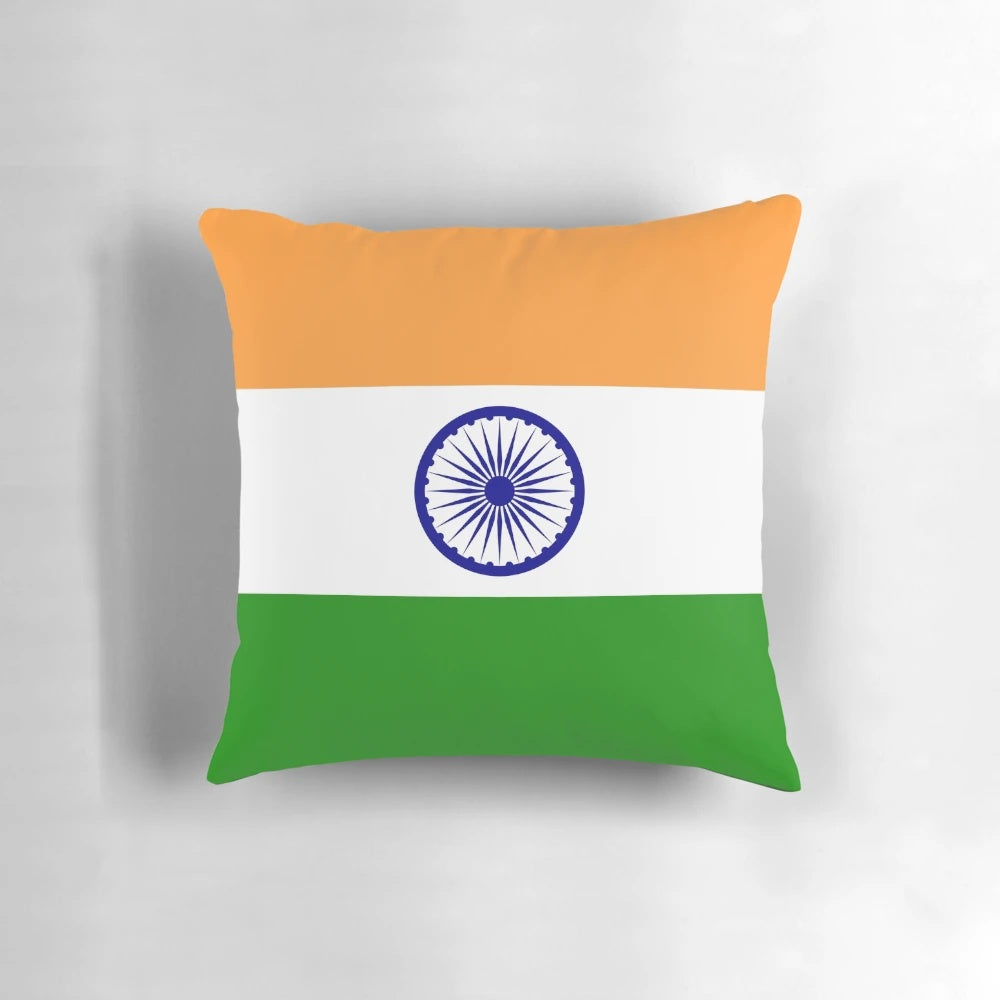 Indian flag printed on a soft, high-quality pillow for patriotic home decor