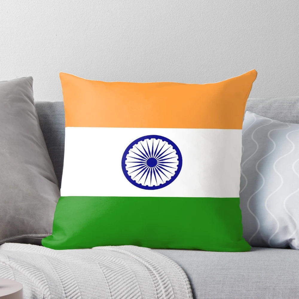 Indian flag printed on a soft, high-quality pillow for patriotic home decor