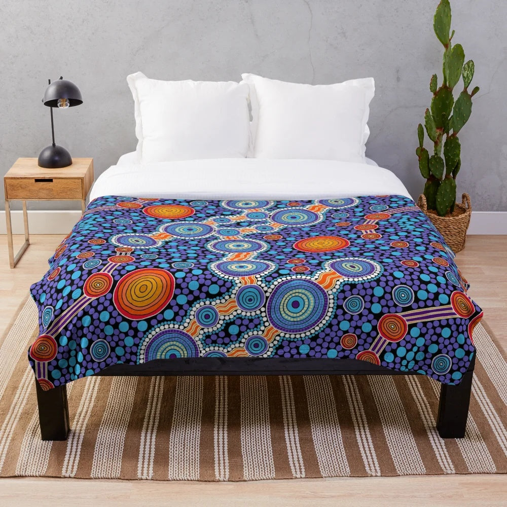 Authentic aboriginal art inspired blue plush blanket