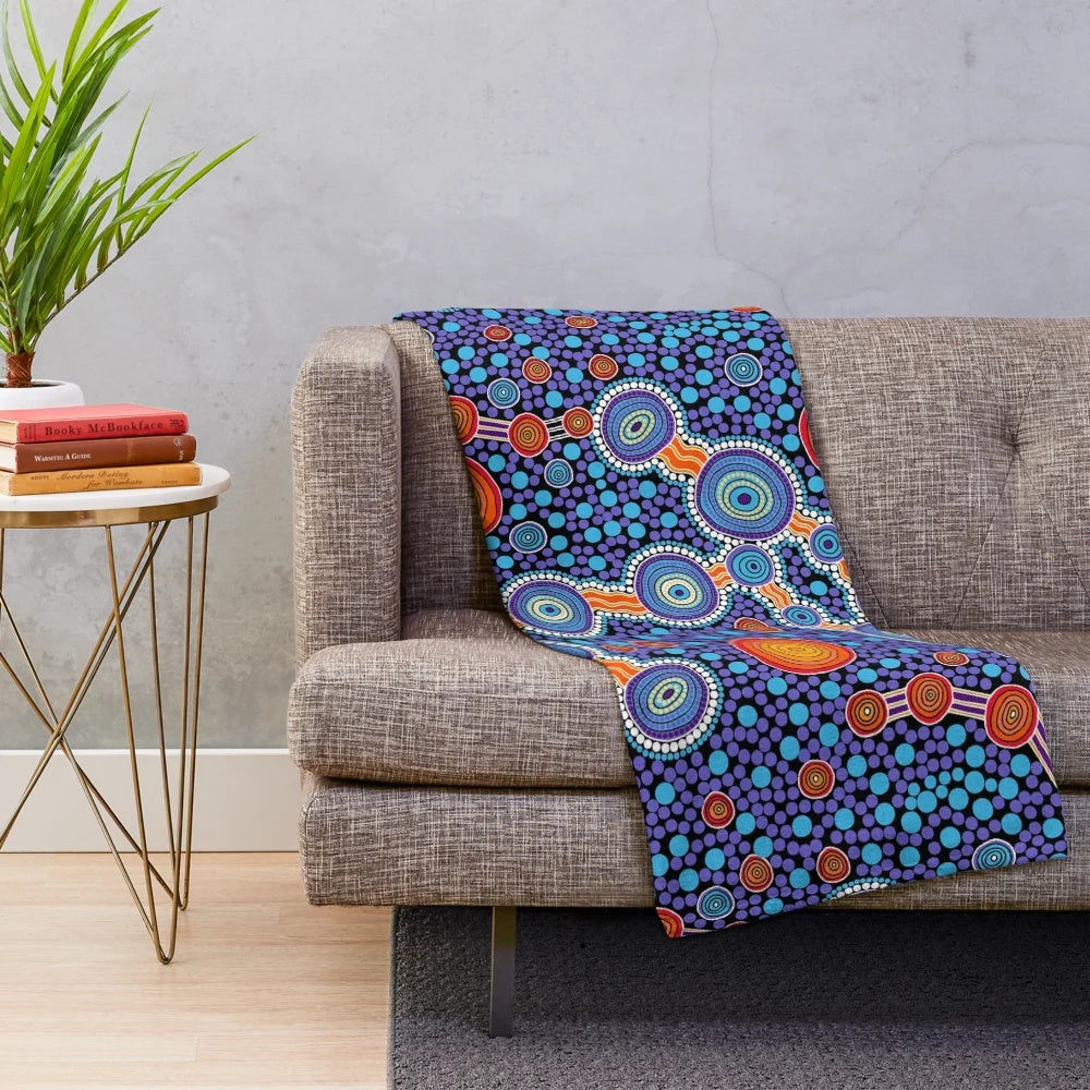 Authentic aboriginal art inspired blue plush blanket