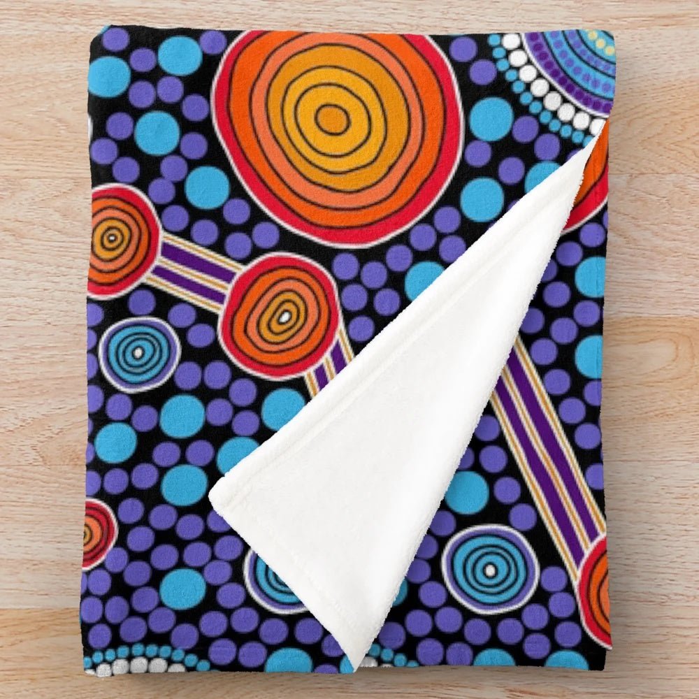 Authentic aboriginal art inspired blue plush blanket