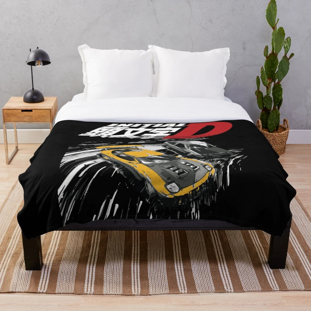 Initial D AE86 and FD RX-7 plush blanket featuring iconic Japanese drift cars