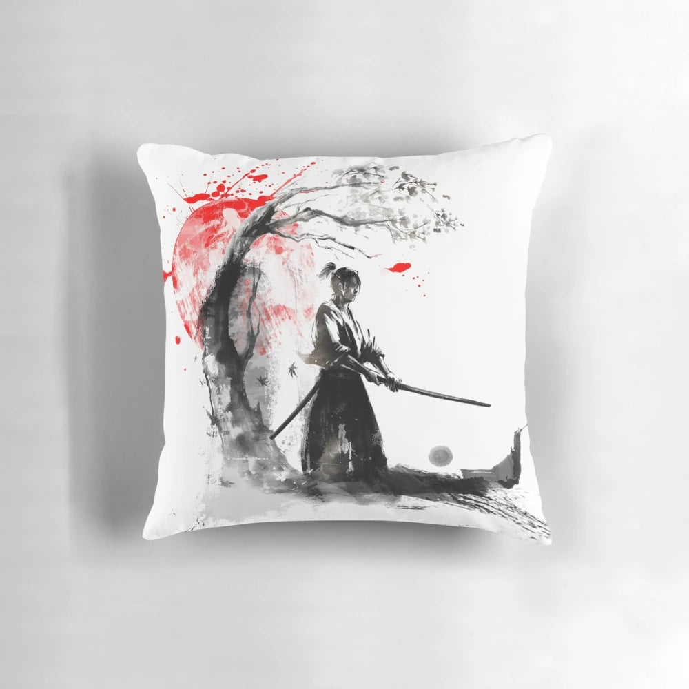 A decorative Japanese-style pillow featuring a samurai warrior design