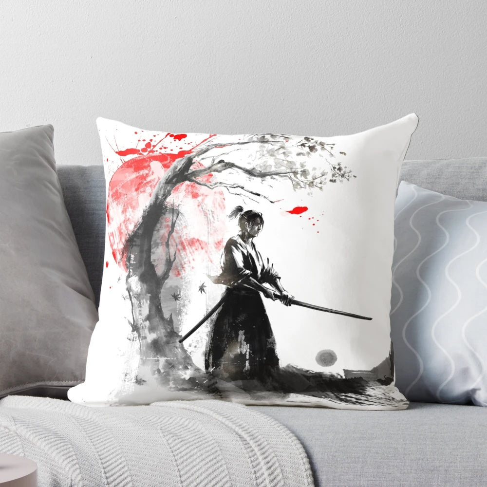A decorative Japanese-style pillow featuring a samurai warrior design