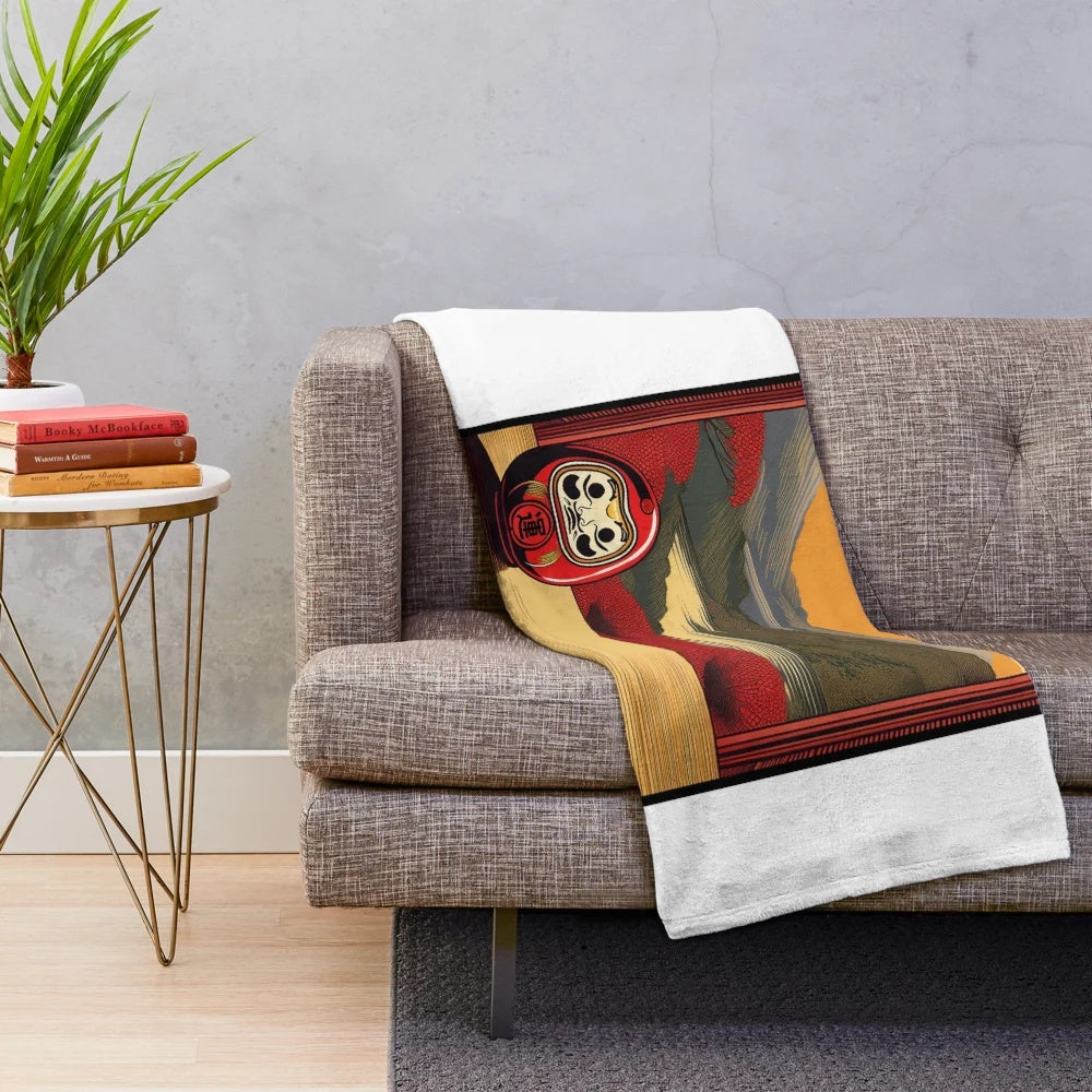 Japanese Daruma doll plush blanket featuring traditional illustration
