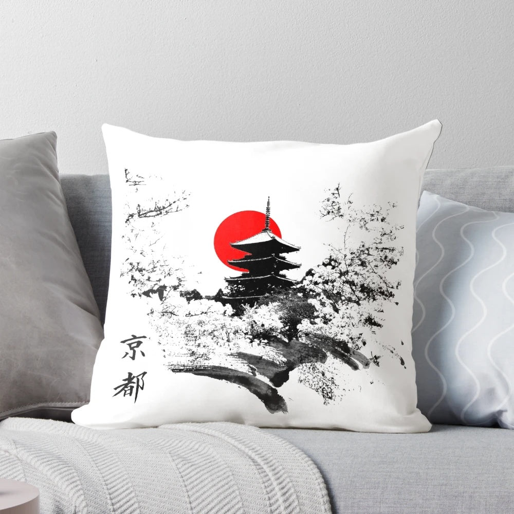 Decorative pillow featuring traditional Japanese Kyoto imagery and design