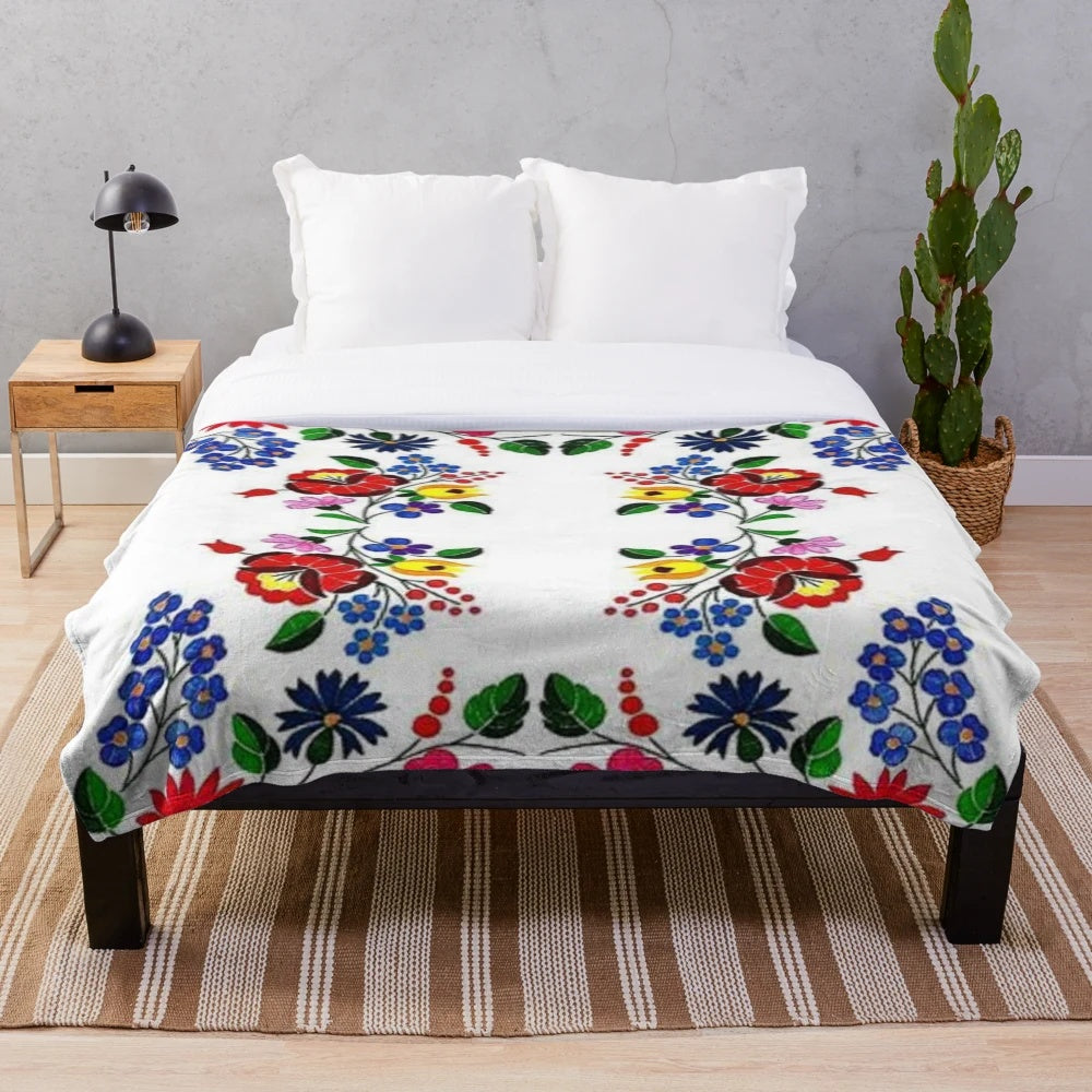 Kalocsai folk art inspired plush blanket with traditional Hungarian flower embroidery
