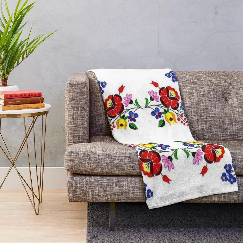 Kalocsai folk art inspired plush blanket with traditional Hungarian flower embroidery