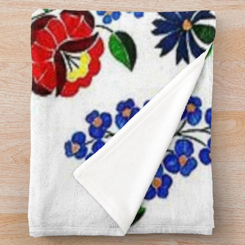 Kalocsai folk art inspired plush blanket with traditional Hungarian flower embroidery