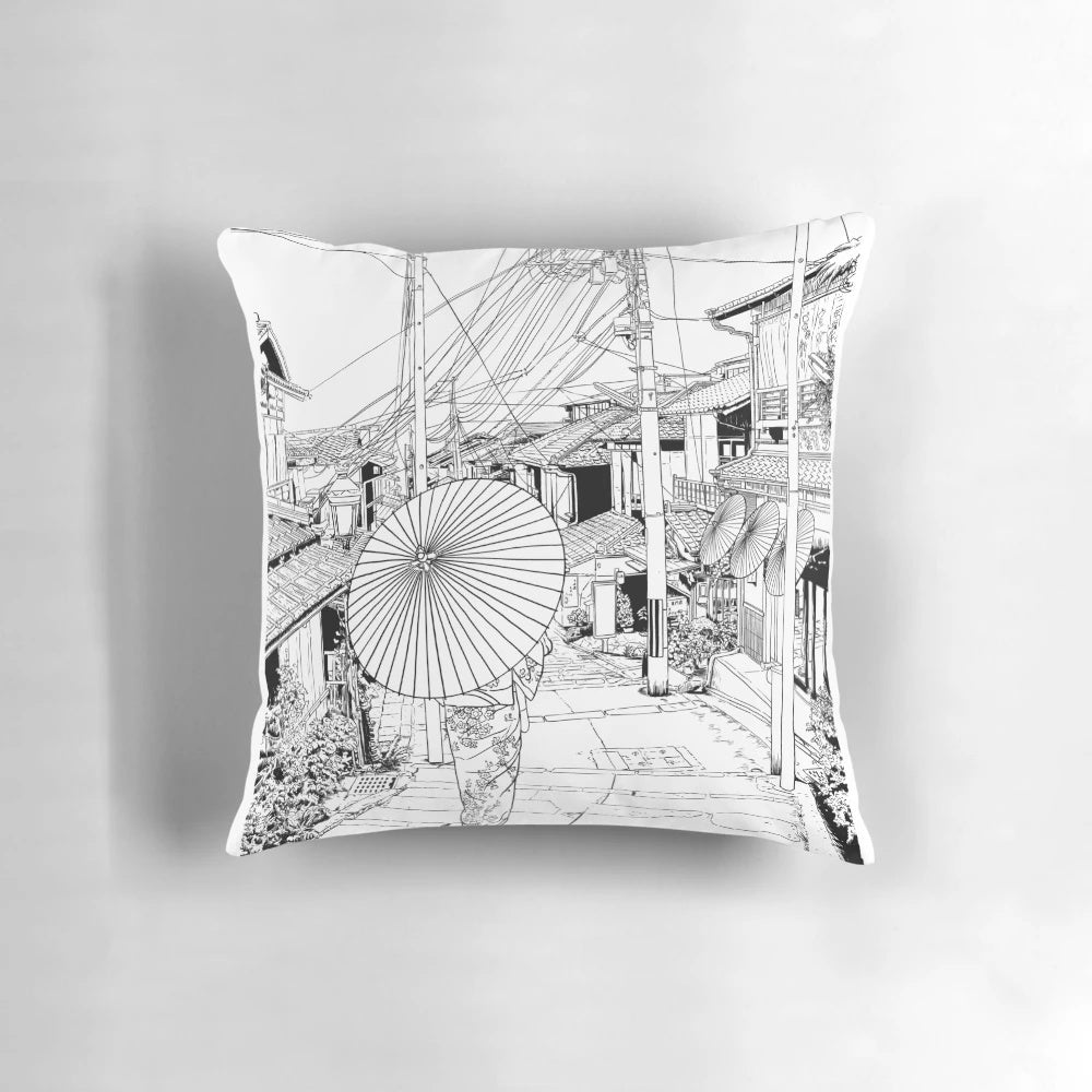 Pillow featuring a black and white illustration of the traditional city of Kyoto, Japan with iconic landmarks and cultural elements.