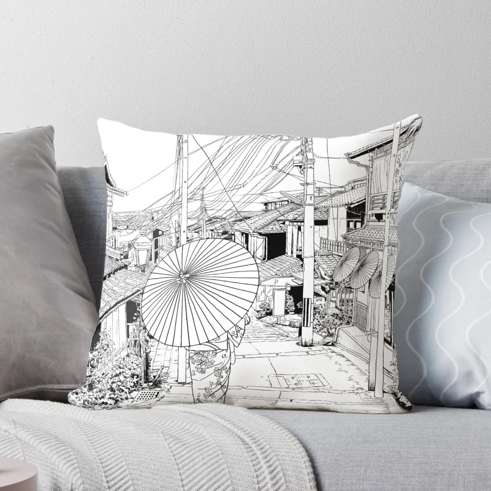 Pillow featuring a black and white illustration of the traditional city of Kyoto, Japan with iconic landmarks and cultural elements.