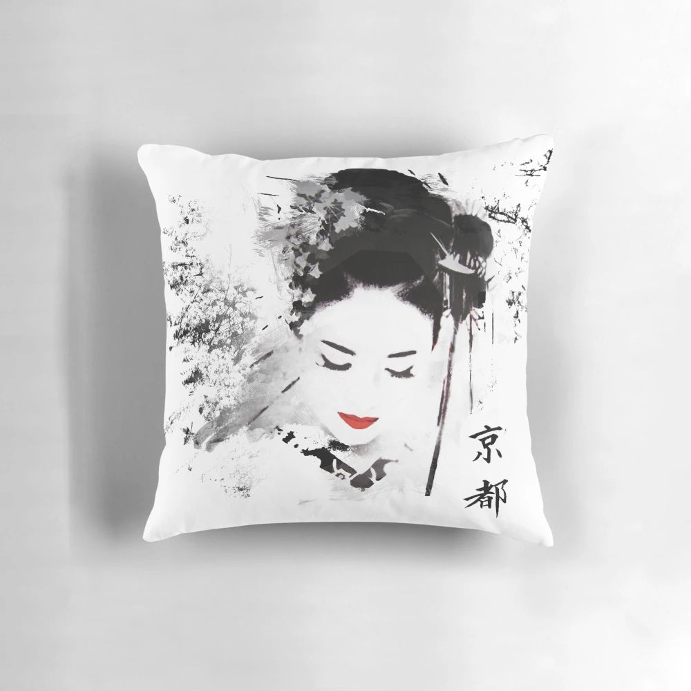 Kyoto Geisha-inspired decorative pillow with intricate Japanese art and cultural elements.