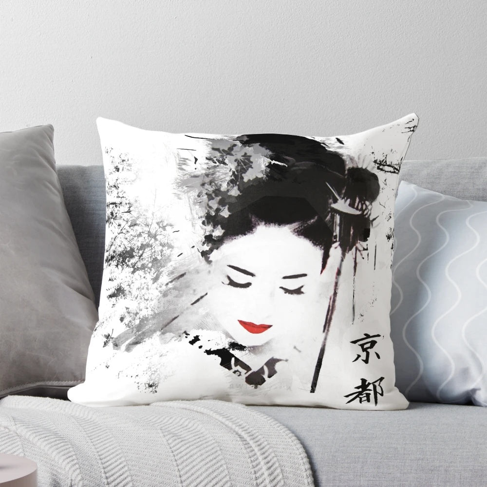 Kyoto Geisha-inspired decorative pillow with intricate Japanese art and cultural elements.